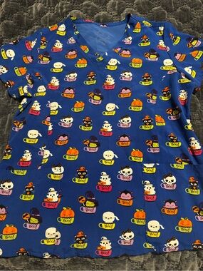 Blue Halloween Scrub Top with Cute Halloween Characters